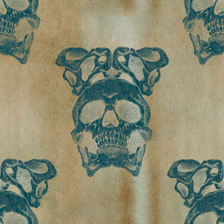 Terrible frightening seamless pattern with skull and crown of pelvic bones on a antique grunge backgroundの写真素材