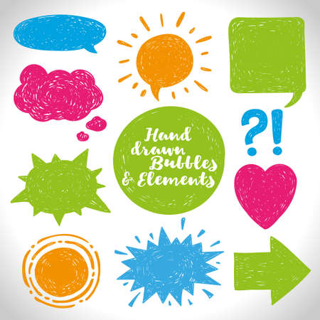 Vector set of hand drawn elements and the speech bubble. Shading and cartoon styleのイラスト素材