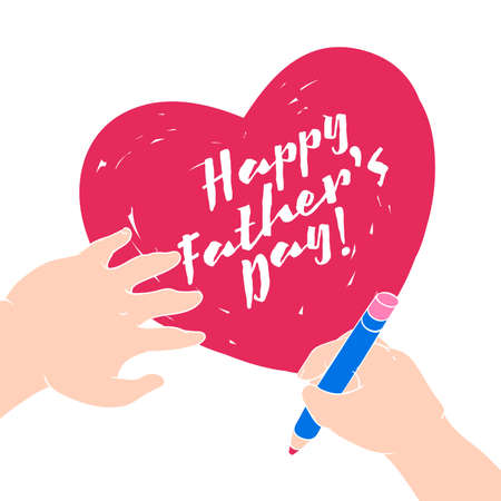 Drawn in cartoon style postcard with childrens handprints and a heart. Happy fathers dayのイラスト素材