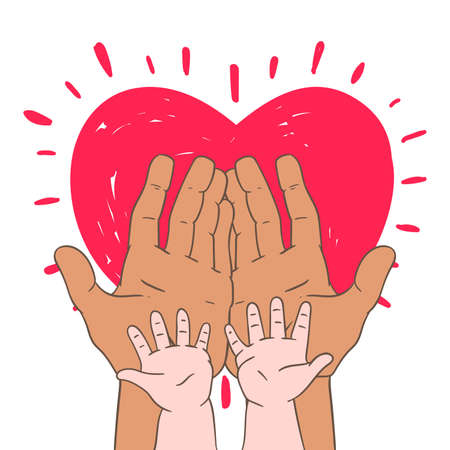 Drawn in cartoon style postcard with childrens handprints and a heart. Happy fathers dayのイラスト素材