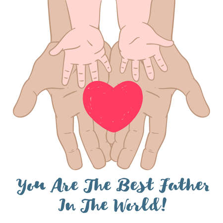 Drawn in cartoon style postcard with childrens handprints and a heart. Happy fathers dayのイラスト素材