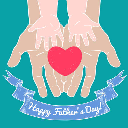 Drawn in cartoon style postcard with childrens handprints and a heart. Happy fathers dayのイラスト素材
