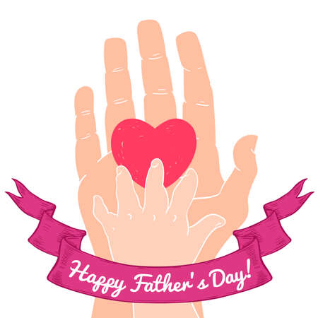 Drawn in cartoon style postcard with childrens handprints and a heart. Happy fathers dayのイラスト素材