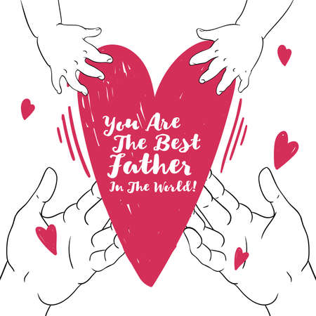 Drawn in cartoon style postcard with childrens handprints and a heart. Happy fathers dayのイラスト素材