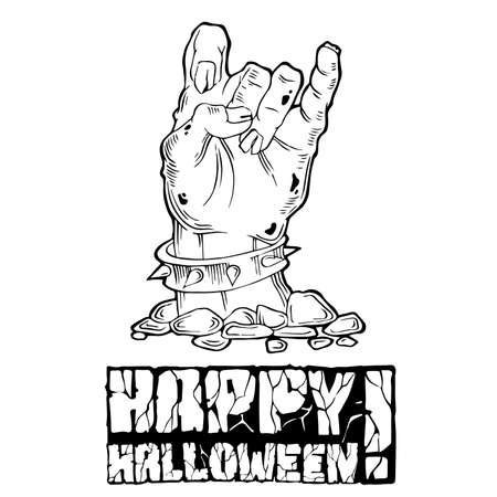 Card for Halloween with zombie hand and stone text. Black and whiteのイラスト素材