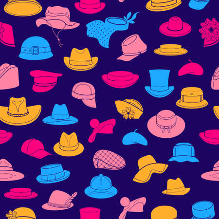 Seamless pattern with flat icons of headwear. Pattern for packaging and clearance headwear store.のイラスト素材