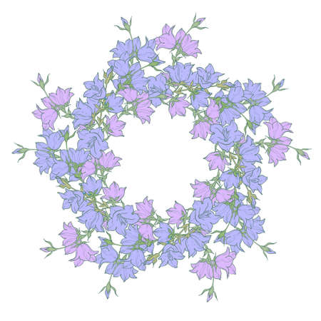 Circle pattern with bellflowers. Round kaleidoscope of flowers and floral elements. Wreath. Design card.のイラスト素材