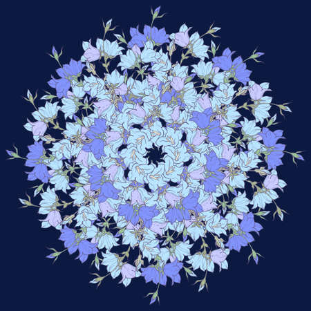 Circle pattern with bellflowers. Round kaleidoscope of flowers and floral elements. Wreath. Design card.のイラスト素材
