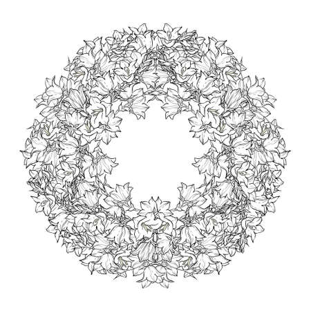 Circle pattern with bellflowers. Round kaleidoscope of flowers and floral elements. Wreath. Design card.のイラスト素材
