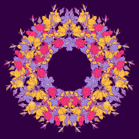Circle pattern with bellflowers. Round kaleidoscope of flowers and floral elements. Wreath. Design card.のイラスト素材
