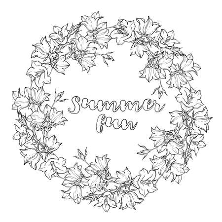 Circle pattern with bellflowers. Round kaleidoscope of flowers and floral elements. Wreath. Design card. Watercolor backgroundのイラスト素材