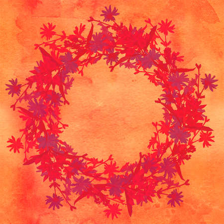 Circle pattern with chicory. Round kaleidoscope of flowers and floral elements. Wreath. Design card.の写真素材