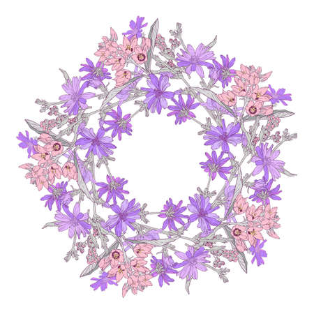 Circle pattern with chicory. Round kaleidoscope of flowers and floral elements. Wreath. Design card.のイラスト素材