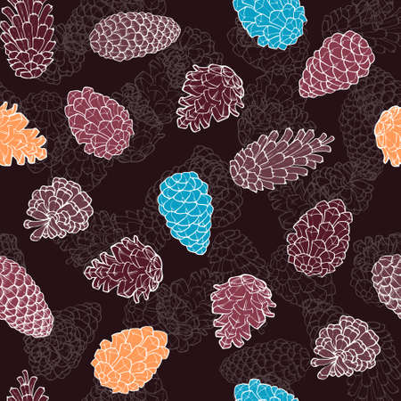 Hand-Drawn seamless pattern with pine cones of coniferous evergreen tree. Design decor background. Card. Illustrationのイラスト素材