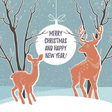 Christmas illustration with reindeer and snowy forest. The design of the cards. New Year. Congratulations and best wishes. Hand-drawnのイラスト素材