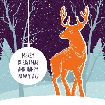 Christmas illustration with reindeer and snowy forest. The design of the cards. New Year. Congratulations and best wishes. Hand-drawnのイラスト素材