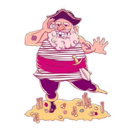 Happy tattooed pirate with a prosthetic device, agemstone in his hand and treasure. Cocked hat. Vector illustration isolated on white backgroundのイラスト素材