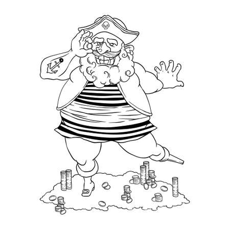 Happy tattooed pirate with a prosthetic device, coin in his hand and treasureのイラスト素材