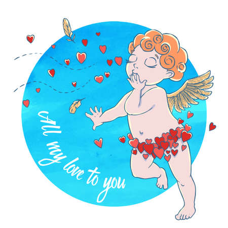 Valentines day. Cupid-boy in heart pants and blowing kisses and hearts on watercolor circle. Vector illustrationの写真素材