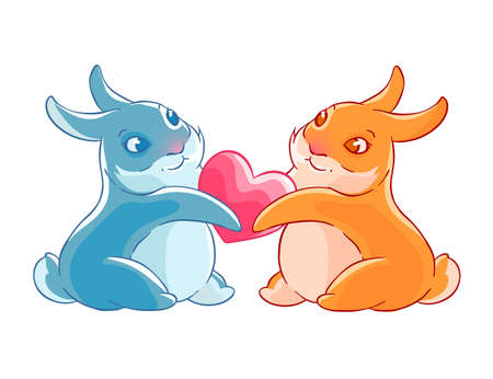 Valentine s day. Couple of rabbits holding heart in their paws. Vector illustrationのイラスト素材