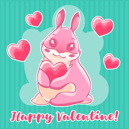 Valentine s day. Pink Bunny holding a heart in his paws. Vector illustrationのイラスト素材