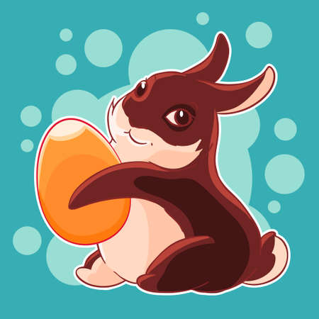 Chocolate Easter Bunny with egg in his paws. Hunting. Spring holiday. Vector illustrationのイラスト素材