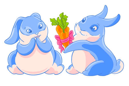 Couple of bunnies gives a carrot bouquet. Character in love.Vector illustration.のイラスト素材