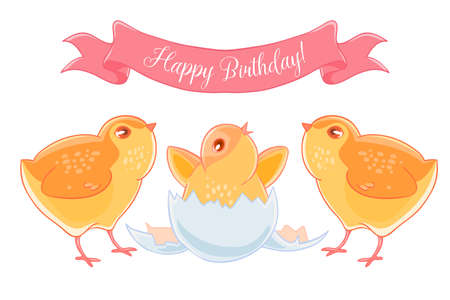 Two funny cartoon chick congratulations newborn yellow chicken.のイラスト素材
