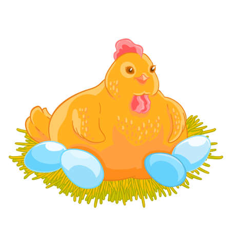 The yellow hen incubates the eggs in the nest.のイラスト素材