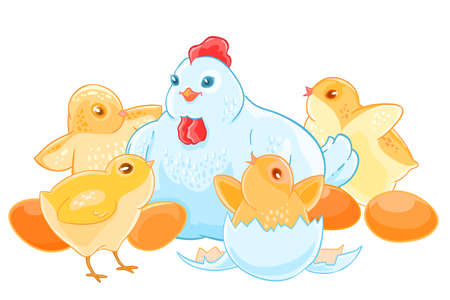 Cartoon mother hen sits on the eggs. Brood of cute little Chicks.のイラスト素材