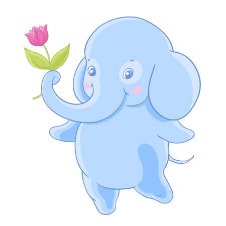 Funny blue cartoon elephant gives a flower.のイラスト素材