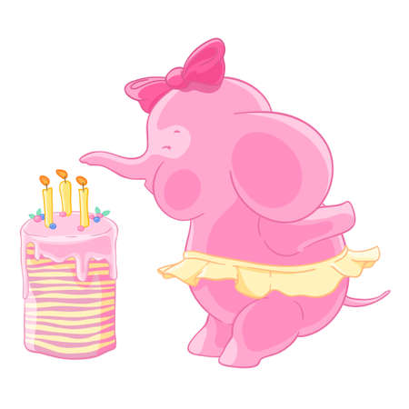 Cute pink elephant girl with bow and the skirt blows out candles on a birthday cake. Makes a wish.のイラスト素材