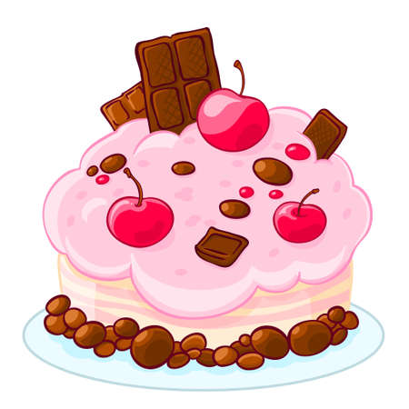Icon cartoon delicious sponge cake with chocolate, jelly beans and cherries. Treat for the birthday.