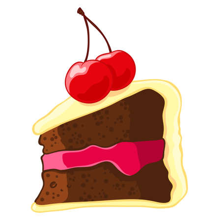 Cartoon icon of a piece of chocolate cake with lemon icing and a cherry.のイラスト素材