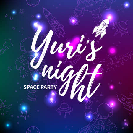 World space party card design. Yuris night banner or flyer. April 12 Cosmonautics Day.のイラスト素材