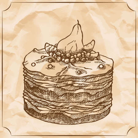 Sweet retro cake with pear and berries. Treat for the birthday. Vector hand drawn illustration....