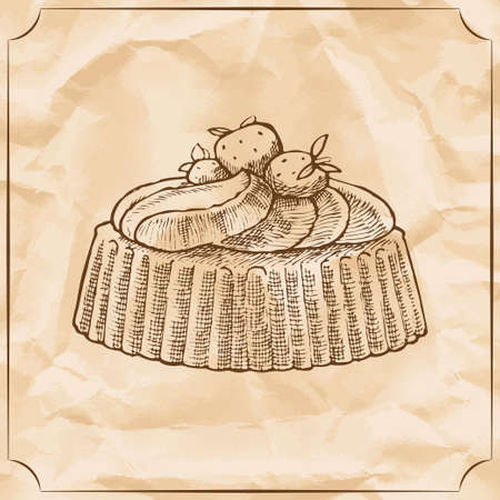 Sweet retro cake with strawberries and wipped cream. Treat for the birthday. Vector hand drawn...