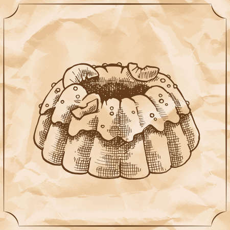 Sweet retro pie with icing and citrus. Treat for the birthday. Vector hand drawn illustration....