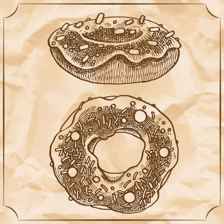 Two sweet vintage donuts with sprinkles, frosting and the marshmallow. Vector hand drawn illustration. T-shirt printing. Old paper backgroundのイラスト素材