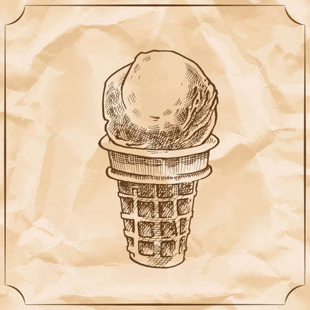 Retro delicious ice cream cone. Vector hand drawn illustration.のイラスト素材