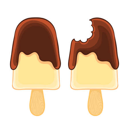 Set of two cartoon icons of whole and bitten vanilla eskimo with chocolate glaze. Before and after. T-shirt print and sticker.のイラスト素材
