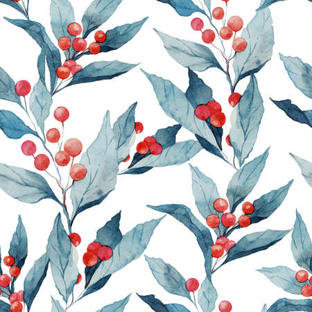 Seamless watercolor realistic pattern with holly leaves and berries.の写真素材