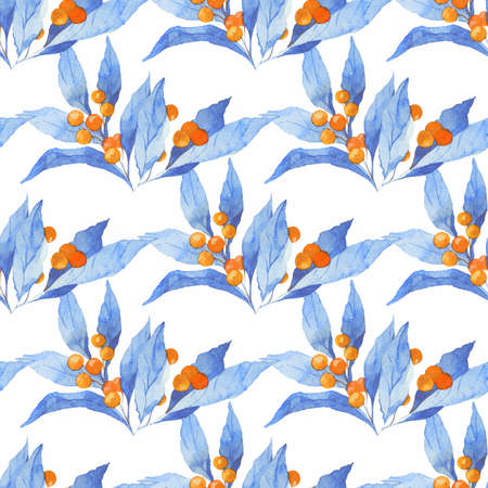 Seamless watercolor realistic pattern with holly leaves and berries.の写真素材