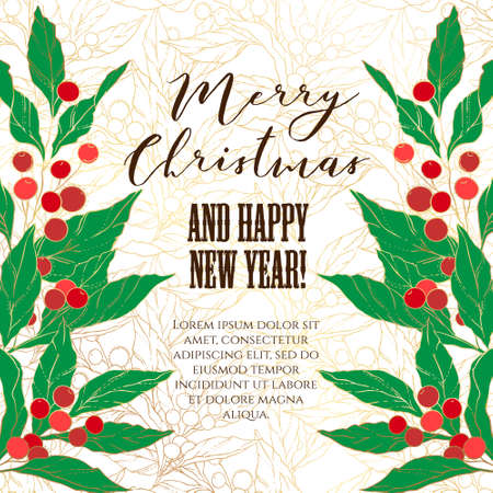 Invitation or greeting card with holly berries and leaves. Floral design.のイラスト素材