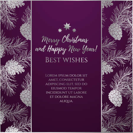 Greeting New Year and Xmas card with silver shiny ornament of pine cones.のイラスト素材