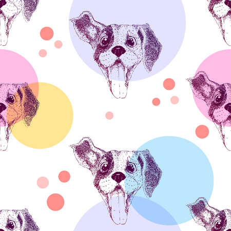 Seamless pattern with pretty beagle puppy and colorful circles. Textile, package design.のイラスト素材