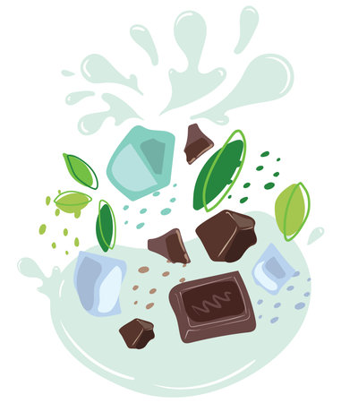 Ripe mint and ice cube with splashes of juice and chocolate. Vector illustration of organic drink. Eco label concept for natural mint and chocolate flavor.のイラスト素材