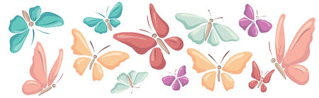 A set of colored butterflies of different sizes and shapes drawn in silhouettes. For design, decoration, wedding invitations, cards, stickers.のイラスト素材