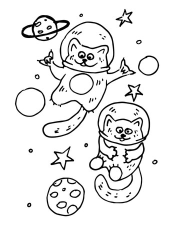 Cute illustration of cats astronauts in space with stars and planets. Black vector linear drawing on a white background.のイラスト素材