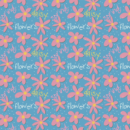 Wild chamomile flowers. Seamless summer pattern with large abstract flowers, lettering and dots on a blue background. For printing on fabrics, textiles, pillows, paperのイラスト素材